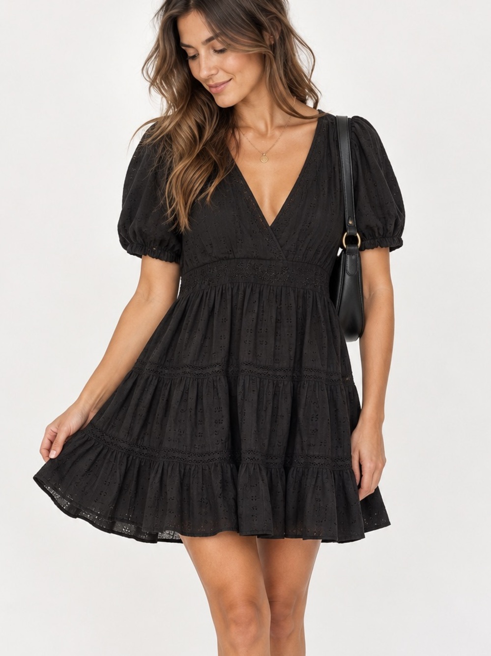 Zara Black Eyelet Puff Sleeve Tiered Babydoll Mini Dress Size XXL